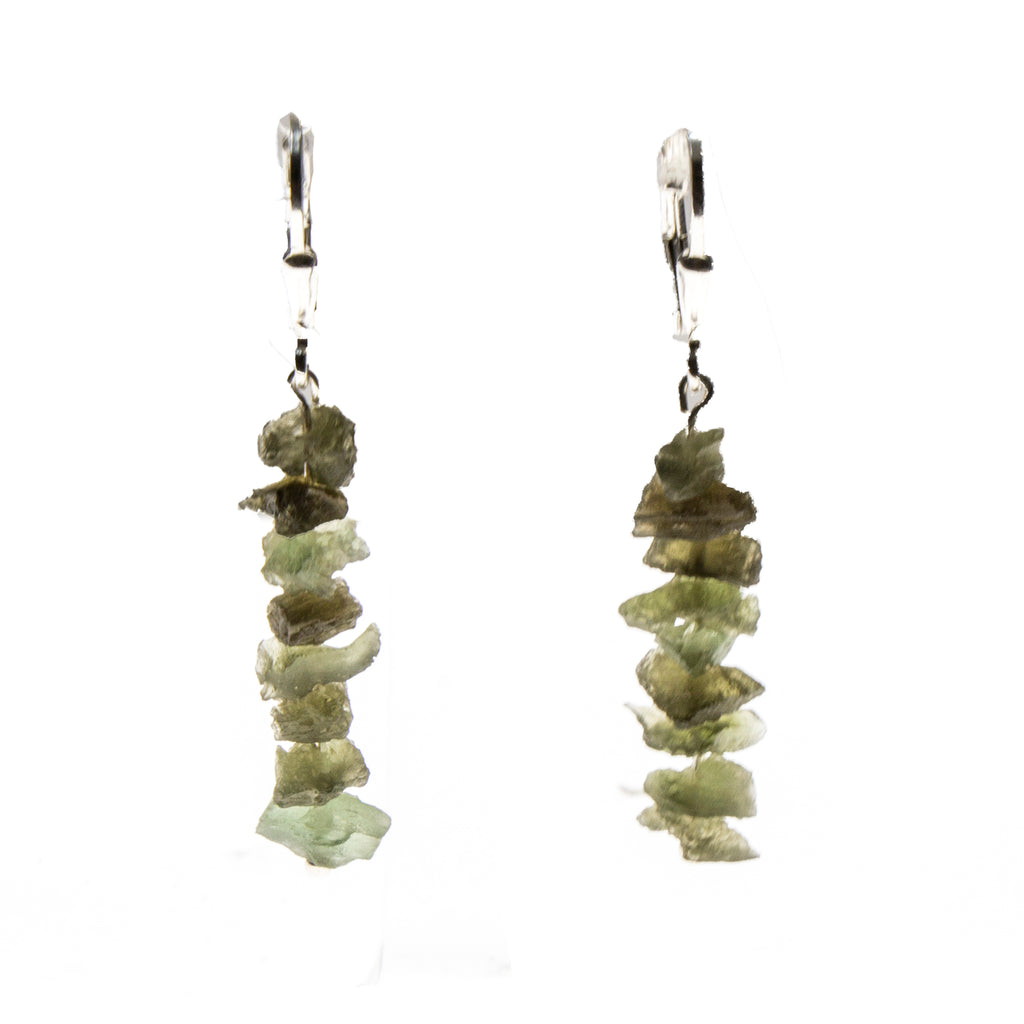 Sterling Silver Moldavite Chip Stack Dangle Earrings