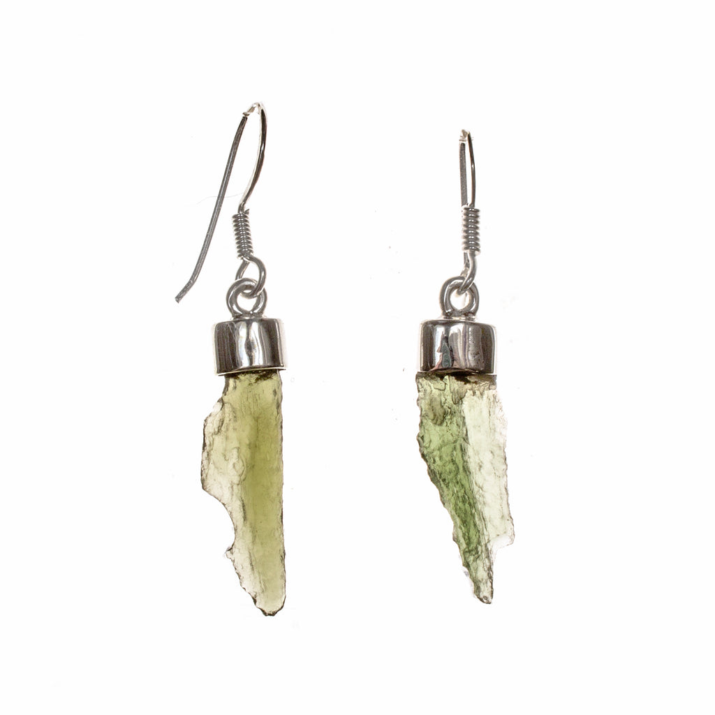 Sterling Silver Moldavite Nugget Dangle Long Bar Earrings
