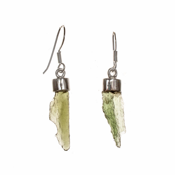 Sterling Silver Moldavite Nugget Dangle Long Bar Earrings
