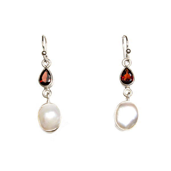 SS Garnet Pear & Pearl Dangle Earrings