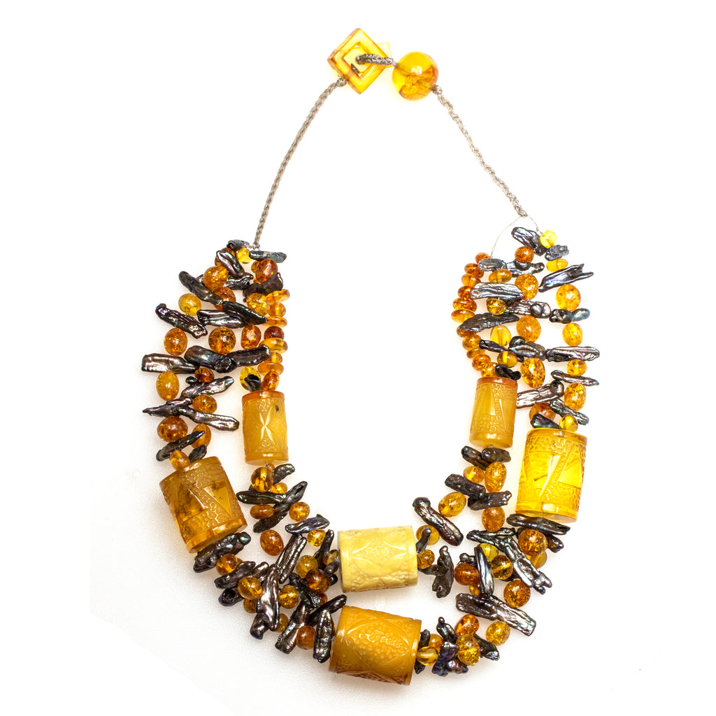 Carved Amber Barrel and Biwa Stick Pearl Necklace