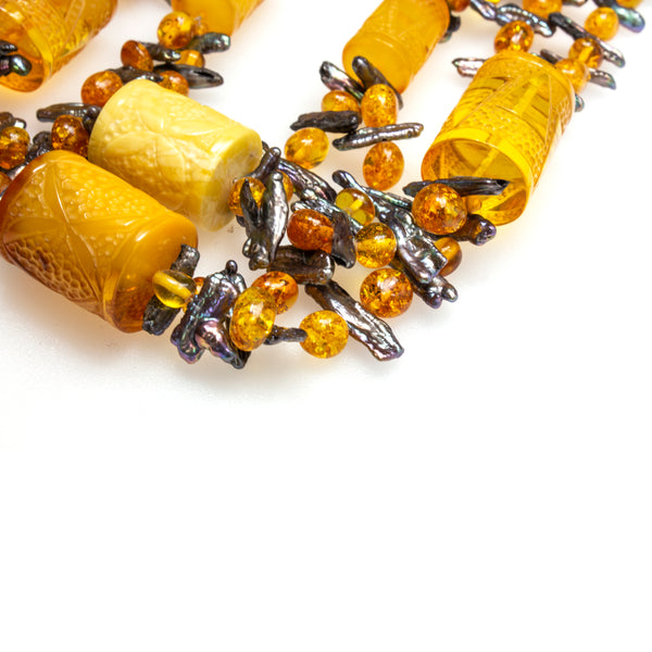 Carved Amber Barrel and Biwa Stick Pearl Necklace