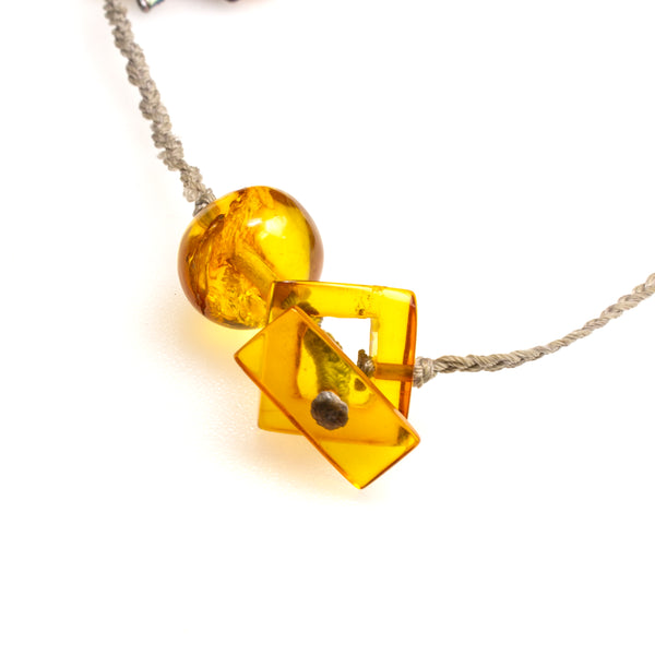 Carved Amber Barrel and Biwa Stick Pearl Necklace