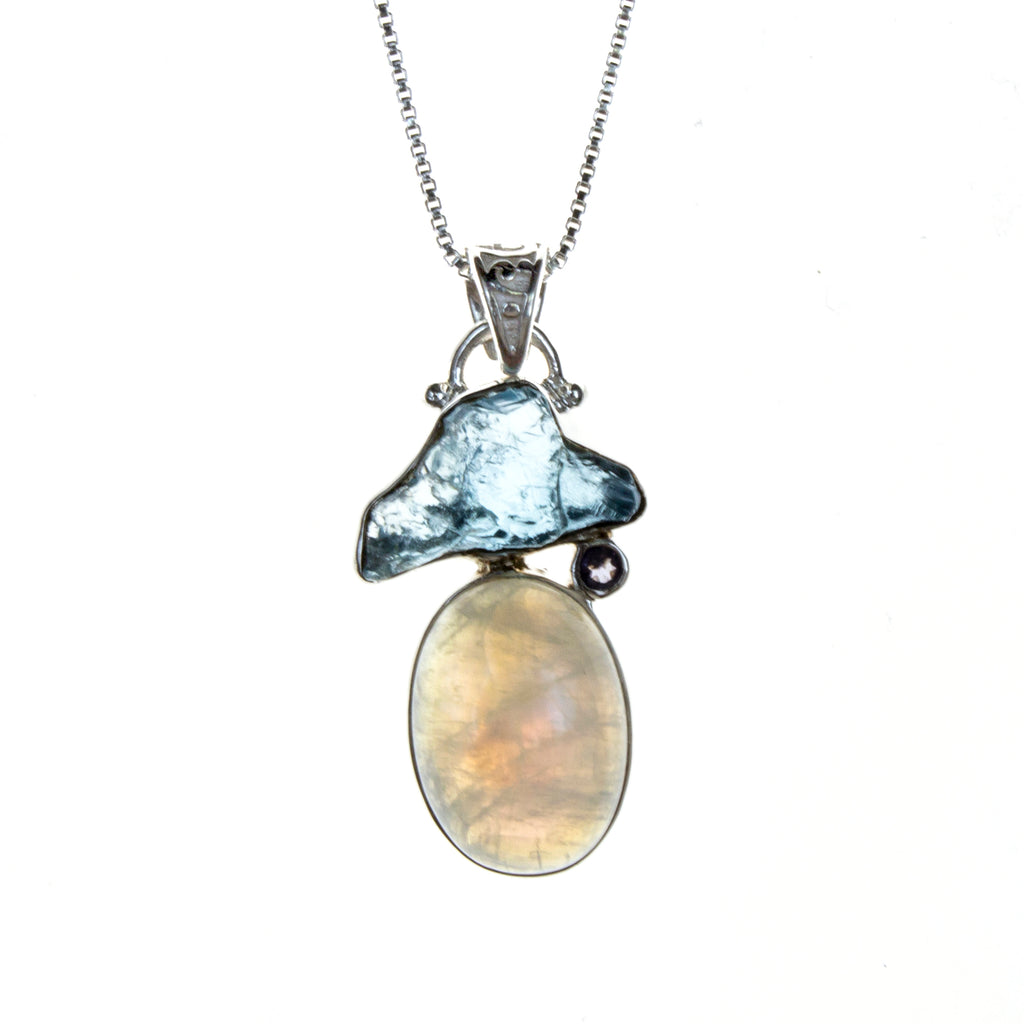 Sterling Silver Rainbow Moonstone Blue Topaz Pendant