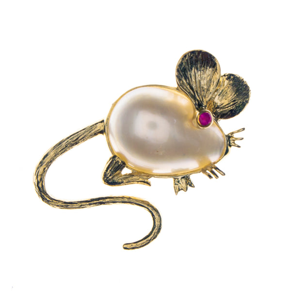 14K Yellow Gold Mabe Pearl Ruby Mouse Pendant