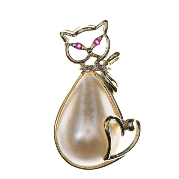 14K Yellow Gold Mabe Pearl Ruby Cat Pendant