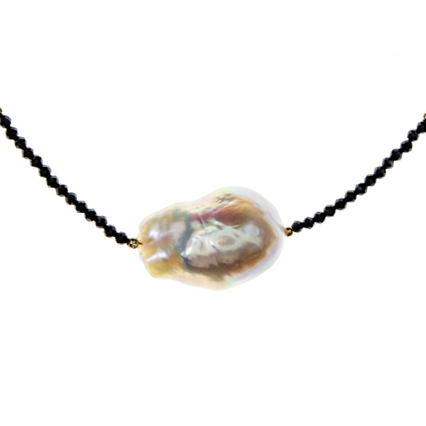 14K Yellow Gold Baroque Pearl Black Spinel Necklace