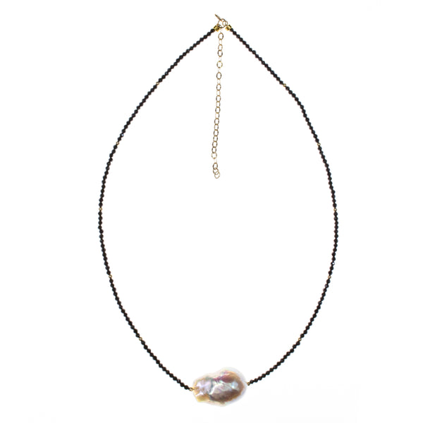 14K Yellow Gold Baroque Pearl Black Spinel Necklace