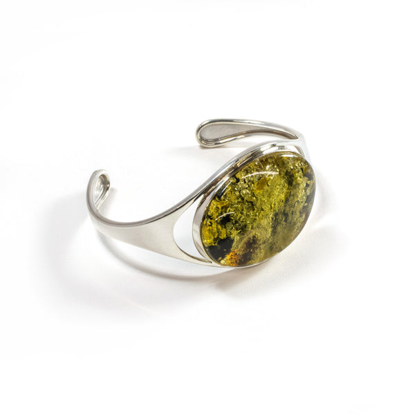 SS Green Amber Nugget Cuff Bracelet