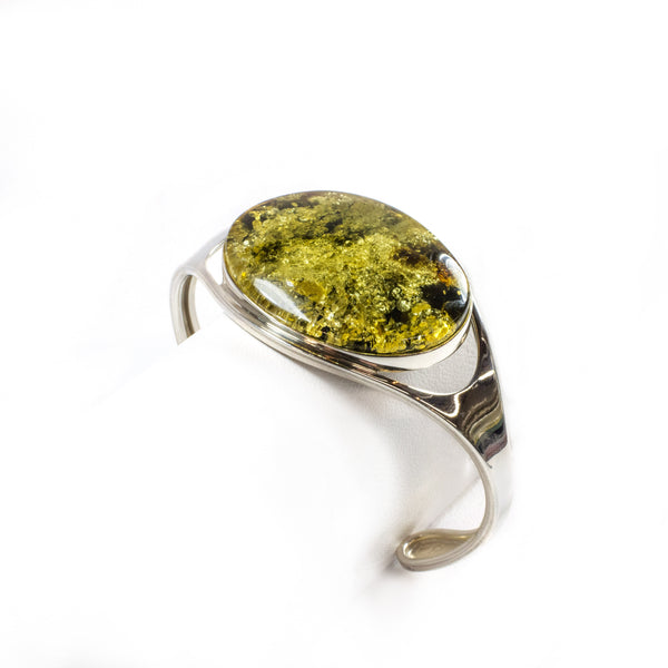 SS Green Amber Nugget Cuff Bracelet