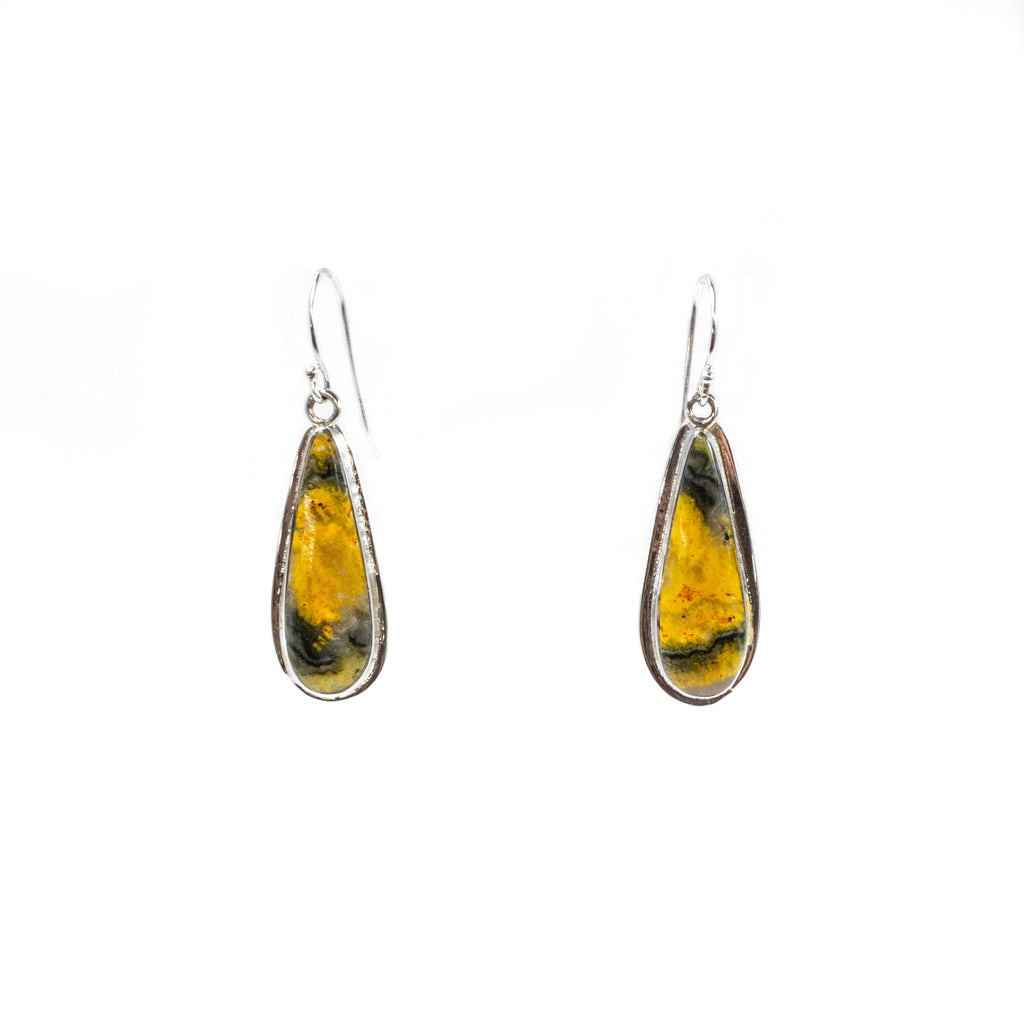 SS Bumblebee Jasper Pear Bezel Dangle Earrings