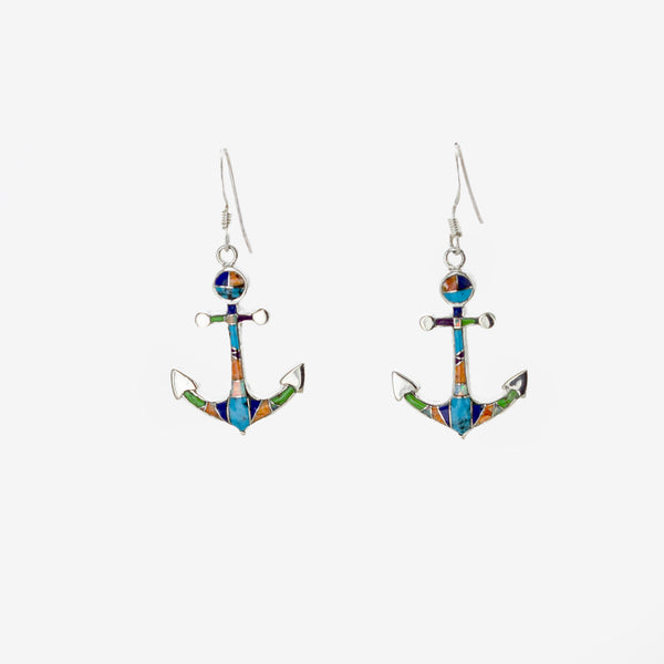 SS Created Opal Multicolored Anchor Inlay Earrings