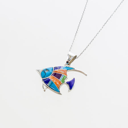 SS Created Opal Inlay Circle Drop Necklace