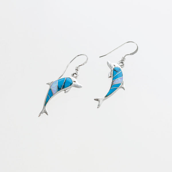 SS Created Opal Dolphin Dangle Earrings