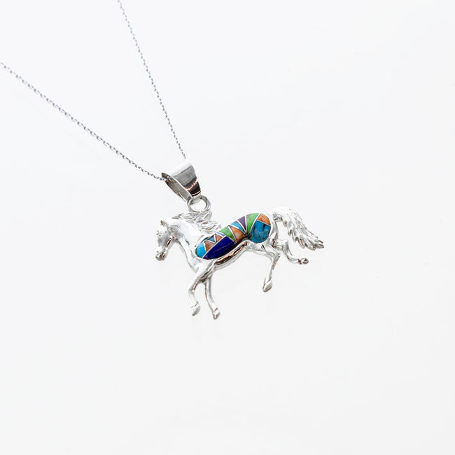 SS Created Opal Multicolored Horse Inlay Pendant and Chain