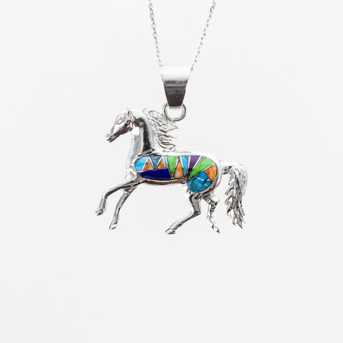 SS Created Opal Multicolored Horse Inlay Pendant and Chain