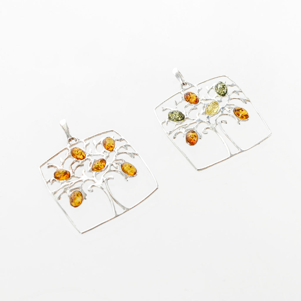 SS Amber Tree Square Pendant