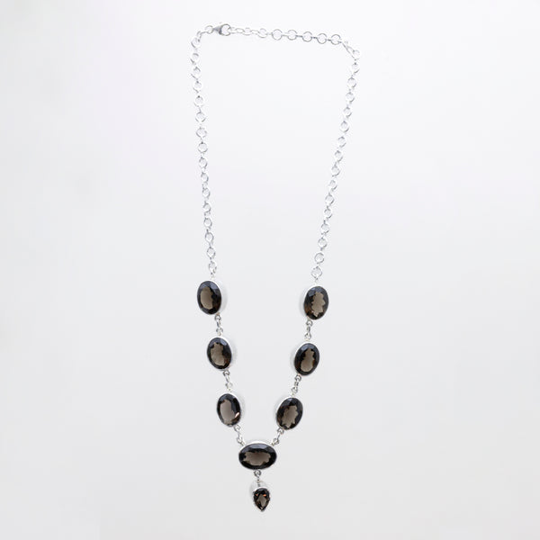 SS Smokey Quartz Faceted Oval Necklace