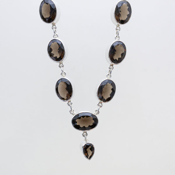 SS Smokey Quartz Faceted Oval Necklace