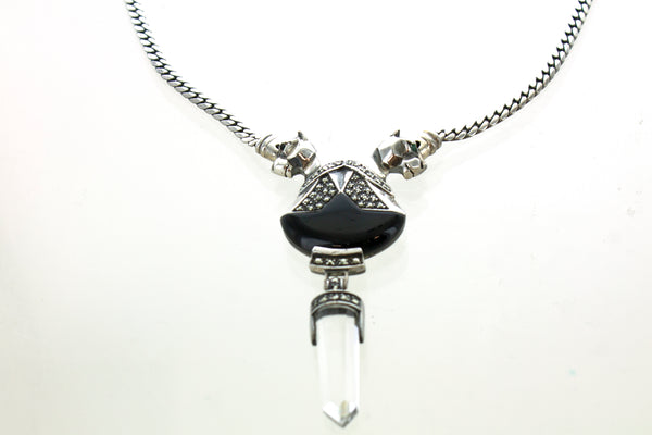 SS Onyx, Quartz, and Marcasite Twin Jaguars Necklace