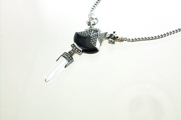 SS Onyx, Quartz, and Marcasite Twin Jaguars Necklace