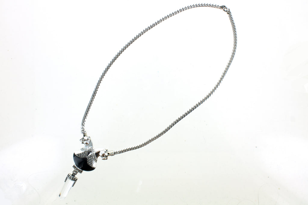 SS Onyx, Quartz, and Marcasite Twin Jaguars Necklace