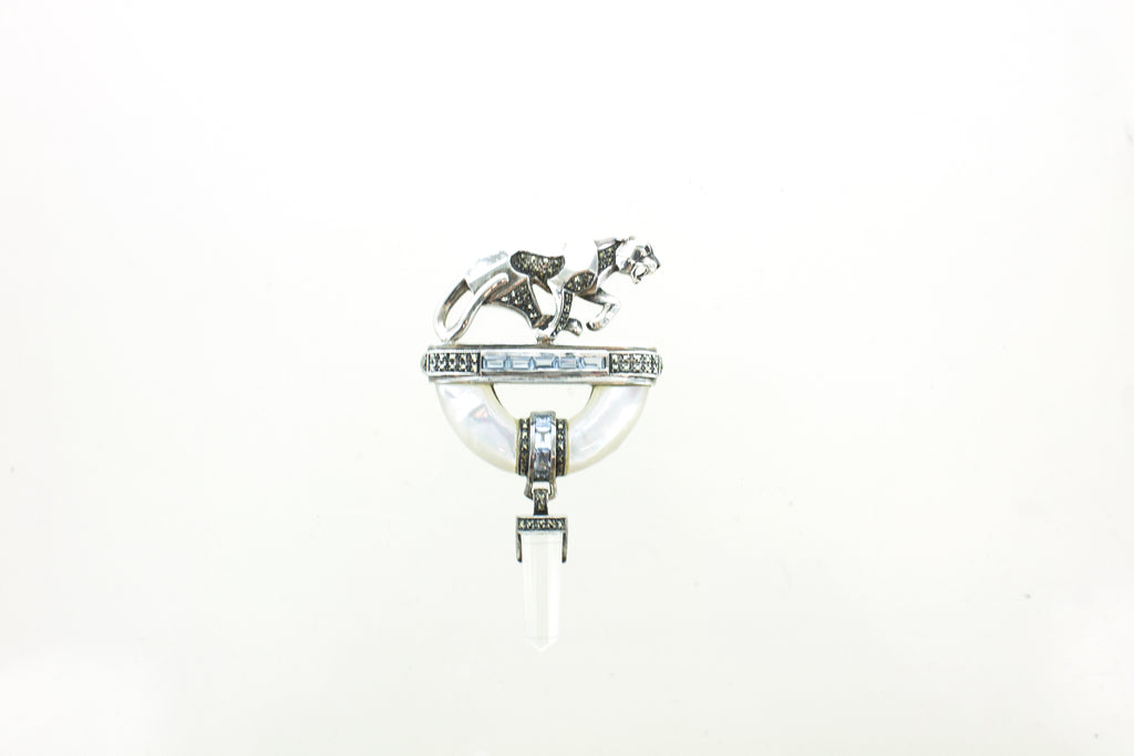 SS Mother of Pearl, Blue Topaz, and Quartz Jaguar Pin