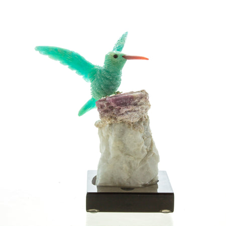 Carved Fluorite, Quartz & Amethyst Hummingbird Sculpture