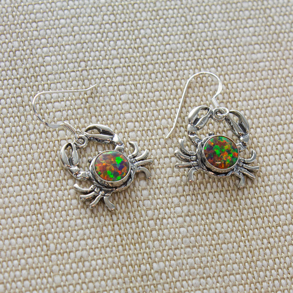 SS Round Created Fire Opal Crab Dangle Earrings