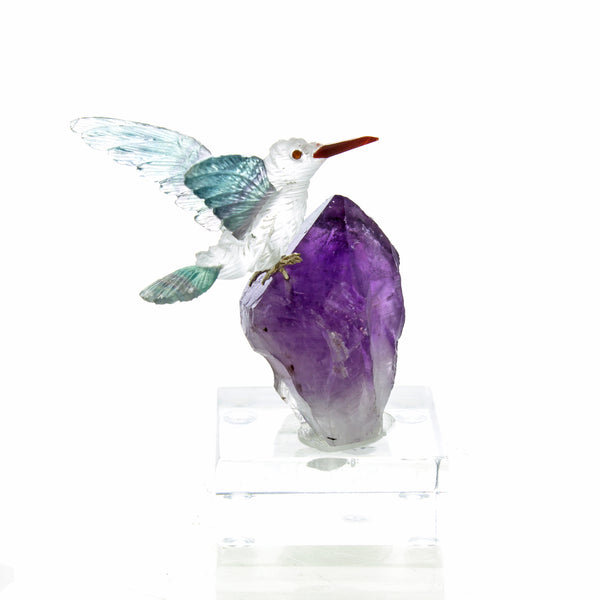 Carved Fluorite, Quartz & Amethyst Hummingbird Sculpture