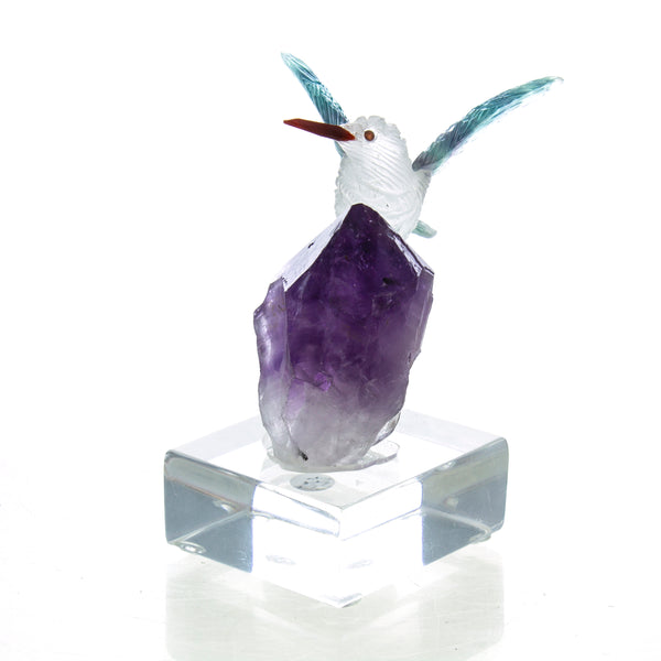 Carved Fluorite, Quartz & Amethyst Hummingbird Sculpture