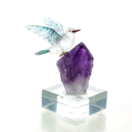 Carved Fluorite Hummingbird Trio on Crystal Cluster Sculpture