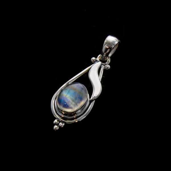 SS Leafy Oval Moonstone Pendant with Bead Accents