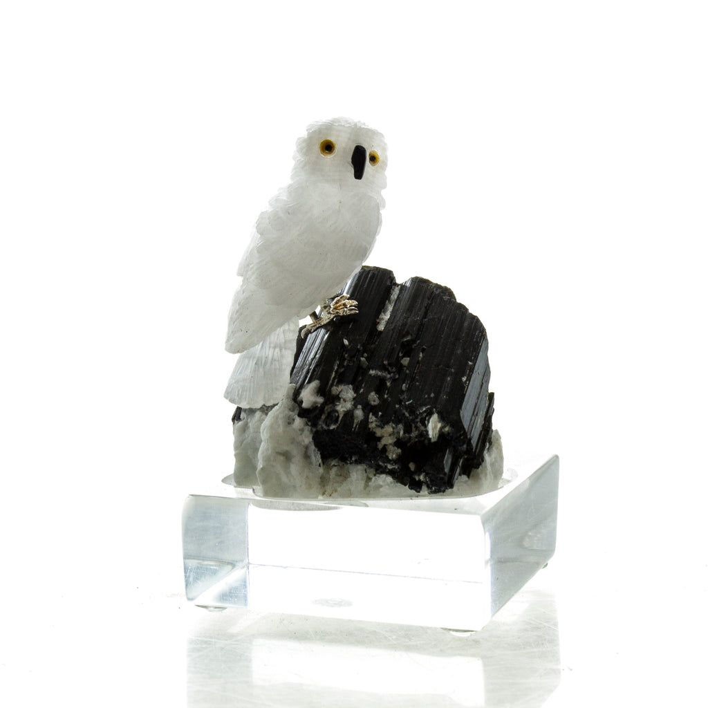 Carved White Quartz Snowy Owl on Black Tourmaline Sculpture
