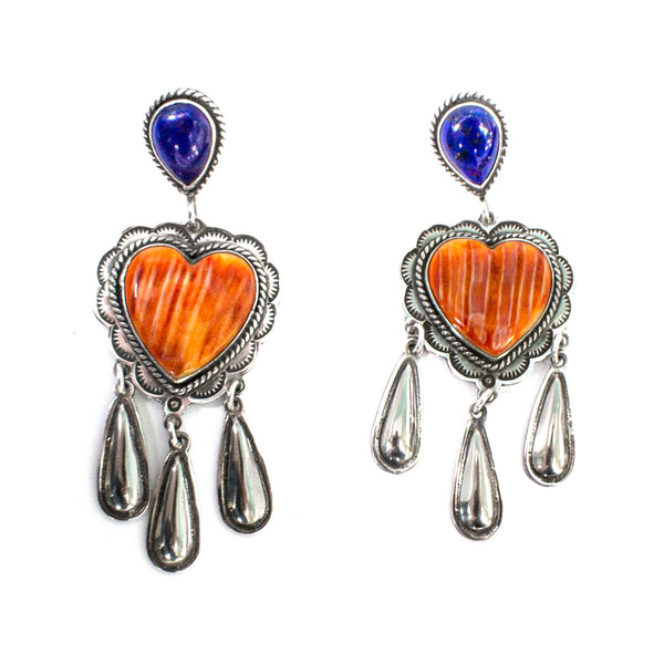 SS Handmade Navajo Spiny Oyster Heart and Lapis Dangle Earrings