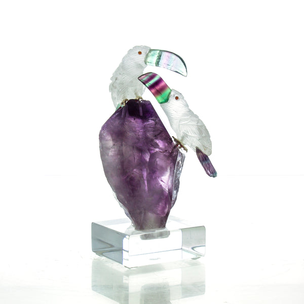 Carved Amethyst, Crystal, & Fluorite Toucans Sculpture