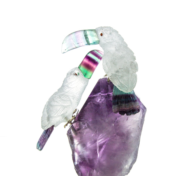 Carved Amethyst, Crystal, & Fluorite Toucans Sculpture
