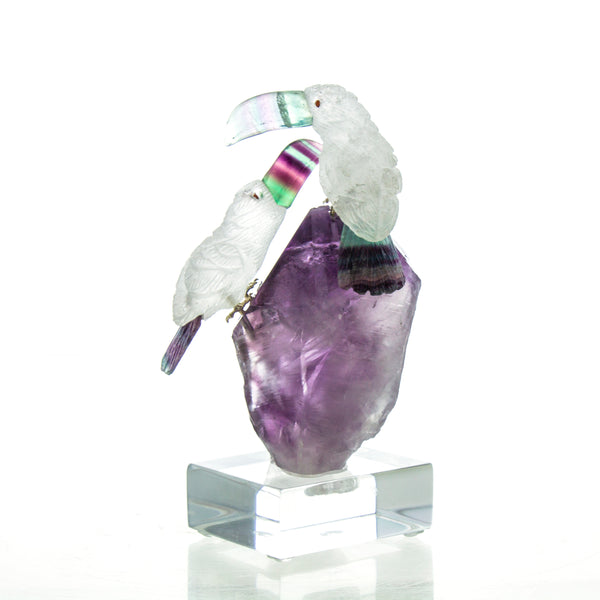 Carved Amethyst, Crystal, & Fluorite Toucans Sculpture