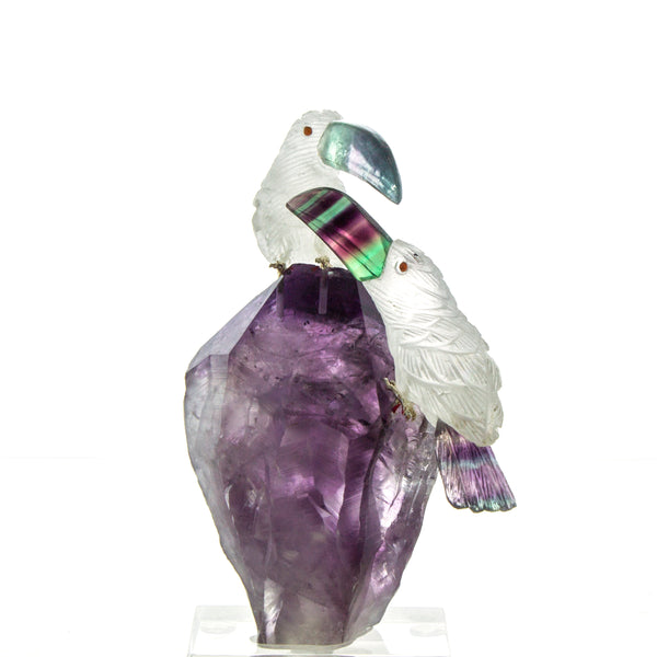 Carved Amethyst, Crystal, & Fluorite Toucans Sculpture