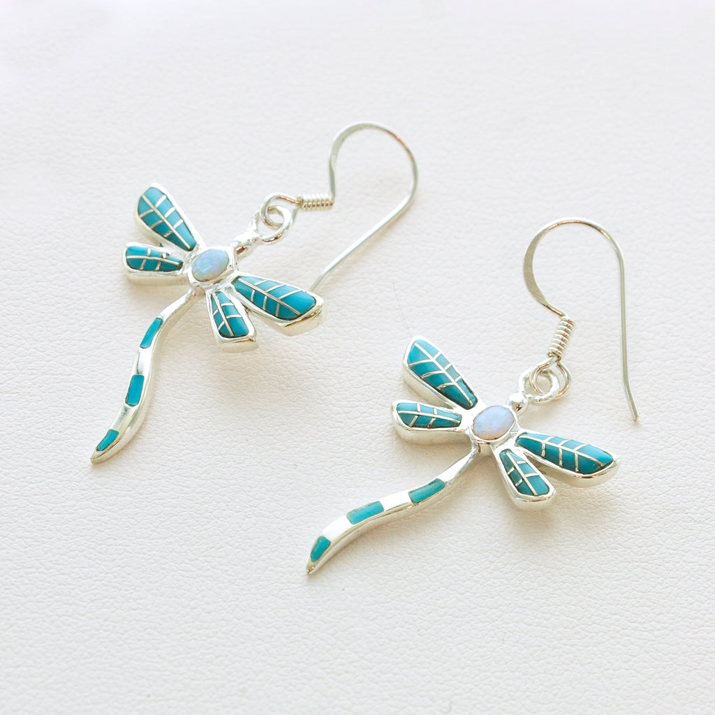 SS Turquoise Inlay Wavy Dragonfly Earrings