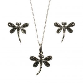 Sterling Silver Marcasite Abalone Dragonfly Stud Earring & Necklace Set