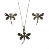 Sterling Silver Marcasite Abalone Dragonfly  Stud Earring & Necklace Set