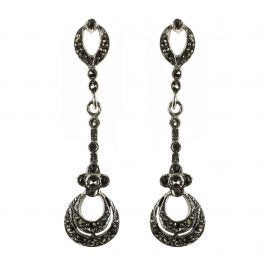 Sterling Silver Marcasite 2 Circle Long Drop Earrings