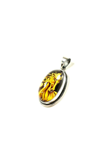 SS Amber Horse Carved Oval Pendant