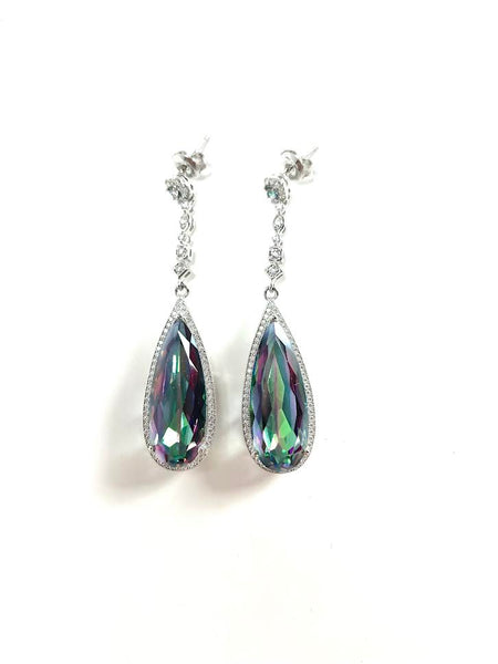 SS Created Emerald and CZ Drop Earrings