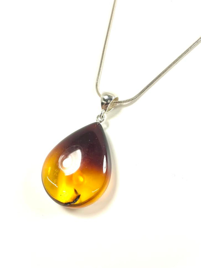 SS Amber Variegated Pear Pendant and Chain