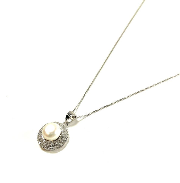 SS Pearl and CZ Circle Pendant and Chain