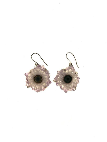 SS Round Amethyst Quatrefoil Flower Earrings