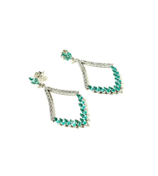 SS Created Emerald and CZ Drop Earrings