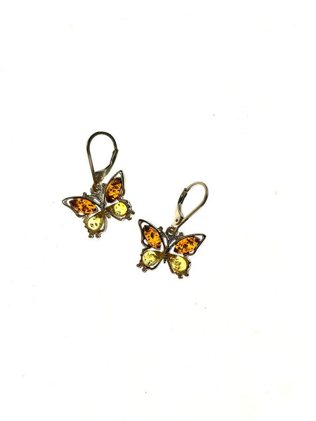 SS Amber/Butterscotch Amber Hummingbird Holding Rose Earrings